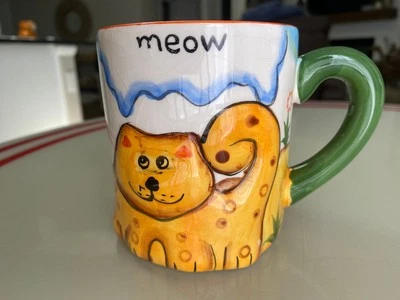 Caneca de gato em relevo café/chá/copo de chocolate quente!! Gatinho branco amarelo e azul - Imagem 1 de 4