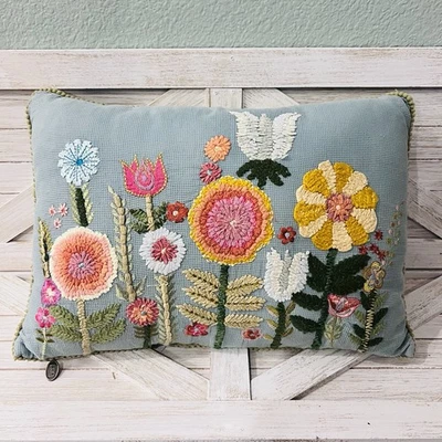 Pier 1 Imports Floral Embroidered Lumbar Pillow Orange Green Pink Pompoms Zipper - Image 1 of 4