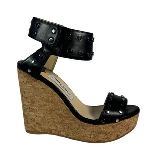 JIMMY CHOO Nelly 120 Cork Wedges Black Silver Studs Platform Leather IT 37 US 7 - Picture 1 of 5
