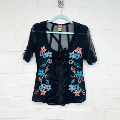 Save The Queen сетки блузка черный цветочный вышитый Y2K молнии размер L - Изображение 1 из 4