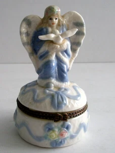 Ceramic Angel Trinket Box Vintage J.T.S. International 1999  Dove Blue White - Picture 1 of 7