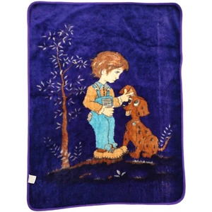 Vtg Purple Boy & Puppy Dog Tree Throw Blanket 40x50 Overalls Brown htf Thick - Picture 1 of 4