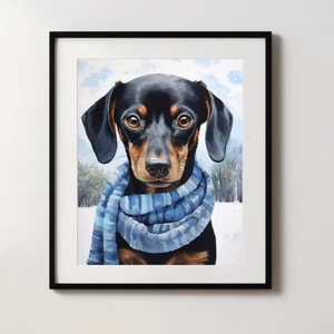 Dachshund en una bufanda de invierno estampado, pintura en acuarela, retrato de mascota - Imagen 1 de 10