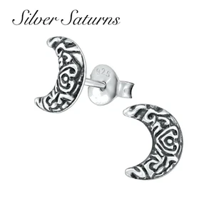 Beautiful 925 Sterling Silver Crescent Stud Earrings Oxidised Moon Boxed (E2) - Picture 1 of 2