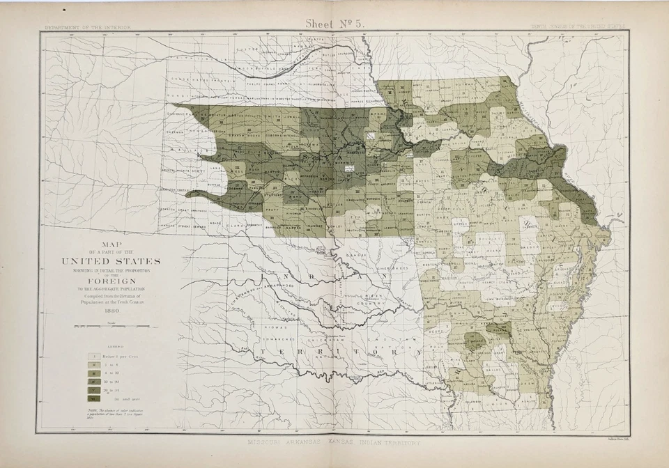 1880 ARKANSAS INDIAN TERRITORY  MISSOURI  Map Original - FOREIGN POPULATION - Image 1 of 3