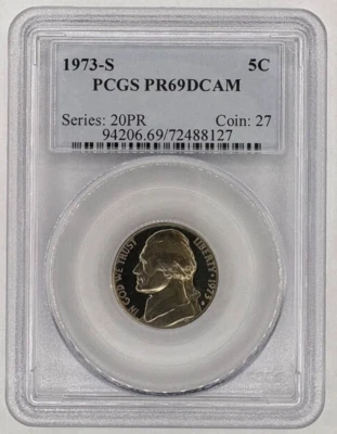 1973-S Jefferson Nickel 5C~PCGS PR69DCAM Proof ~ DEEP CAMEO ~ Free Shipping! - Image 1 of 2