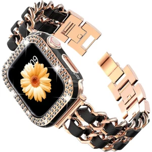 Bransoletka ze stali nierdzewnej i skóry + Bling etui ochronne do iWatch Series 9 8 7 6 5 4 SE - Zdjęcie 1 z 14