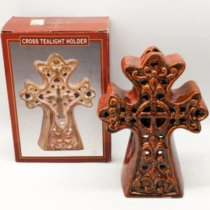 Brown Glazed Ceramic Cross Tea Light Candle Holder Incense Burner Decor 6 x 4 - Picture 1 of 3