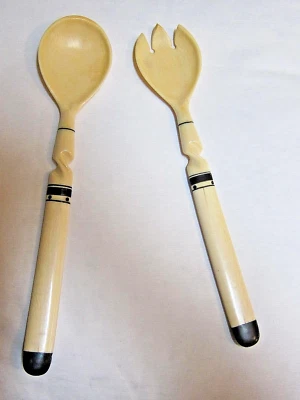 Vtg Antique Art Deco 1920's Celluloid Carved Inlaid Spoon Fork Salad Set - Image 1 of 4