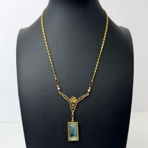 Vintage Mode Art Gold Tone Blue Pendant Chain Choker Necklace 14" Signed Pearl - Picture 1 of 12