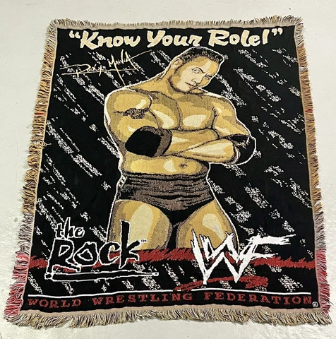 VTG 90s WWF Wrestling The Rock Throw Blanket Rare HTF "Know Your Role" Cover