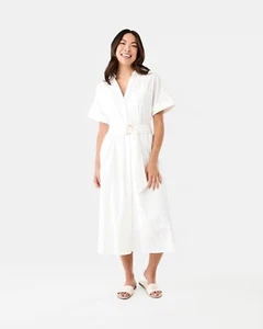 Brand New - White Short Sleeve Belted Midi Dress - Plus Size - Size 18 - Picture 1 of 9