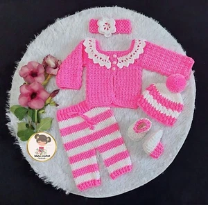 3-6 Month Hand Made Crochet Soft Wool long Sleeve Pink Night Baby Costume Set - Picture 1 of 4