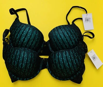 2 NWT Hers by Herman 32B Blue Green/Turquoise with black stripe Lace Trim bras - Image 1 of 3