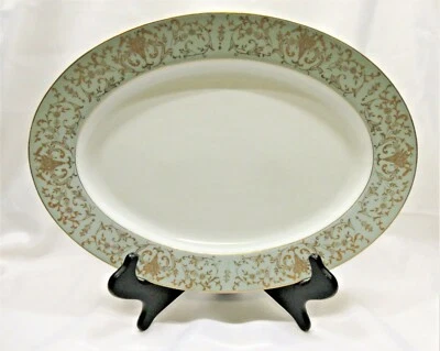 Tradition Fine China Coronation Green 14" Oval Platter Green Band Gold Urn Flora - Image 1 of 4