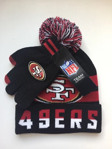 San Francisco 49ers Youth Kids Beanie Hat Pom-Pom Gloves Set NFL Black Red OSFM Cover