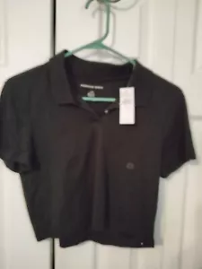 New American Eagle Shirt Womens SzLarge Polo Short Sleeve "Crop Top" Black - Picture 1 of 3
