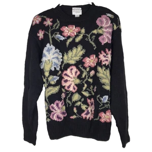 Vintage Van Heusen For Her Floral Knit Sweater Women's Size Medium Black Pink - Picture 1 of 7