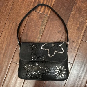 BRIGHTON Pebble Leather Embellished Floral Blumen Handtasche Geldbeutel Schwarz - Bild 1 von 8