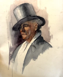 Original vintage art "Rich man wearing tophat" WATERCOLOR - Picture 1 of 6