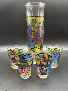 Vintage MCM LIBBEY 4 Fruit Stained Glass Juice Tumblers 6oz With Pitcher 32oz - Picture 1 of 4