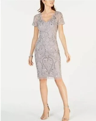 Adrianna Papell Vneck Sequin Lilac Grey Short Beaded Dress Size 2 Ret $275 - Image 1 of 4