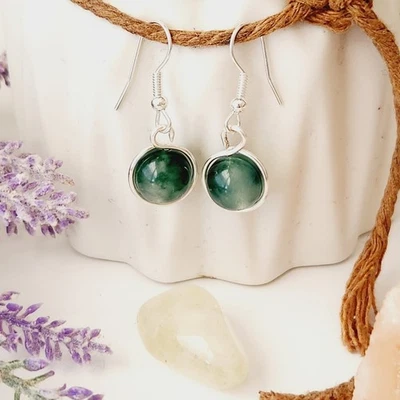 Green Natural Jade Stone Earrings, Silver-Plated Wire Wrapped Dangle Earrings - Image 1 of 4