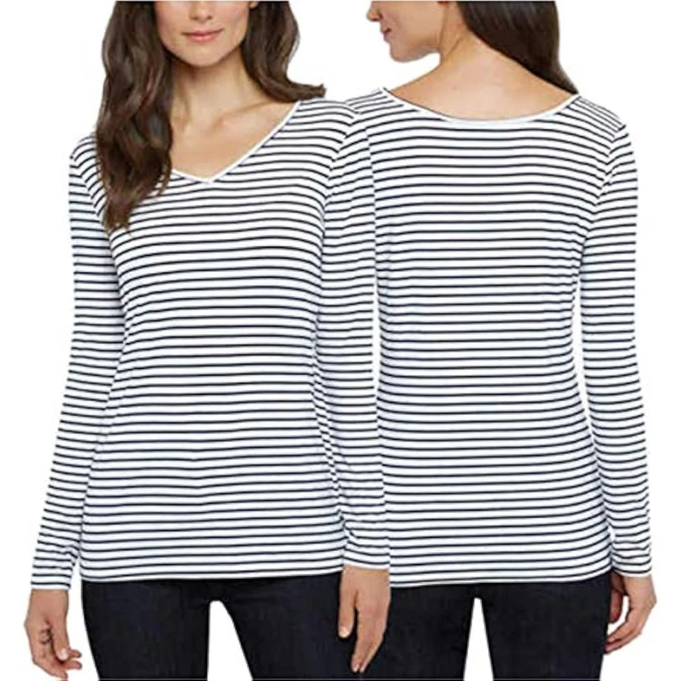Ellen Tracy XXL Stripe Top White Blue Reversible Shirt Long Sleeve V Neck