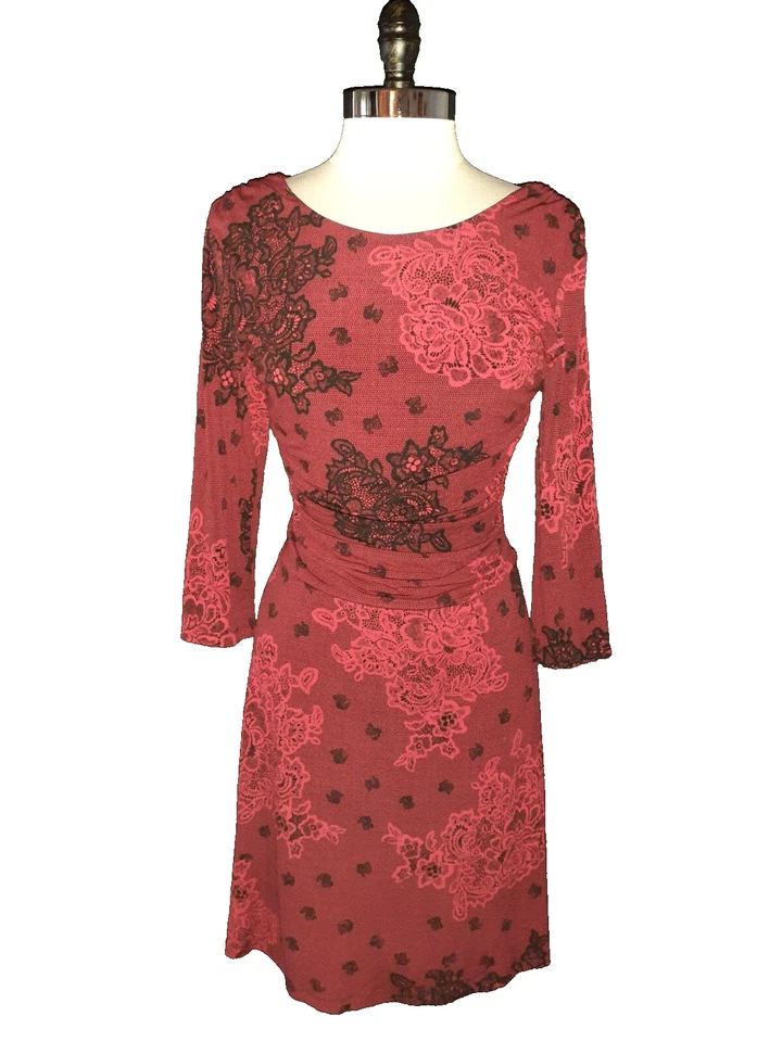 Vestido EN FOCUS STUDIO Talla 14 Línea A Negro Rojo Floral Manga 3/4 Tejido Elástico Foto 1 de 4