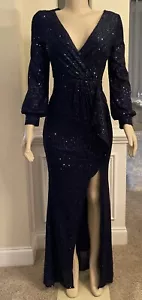 Beauty Emily Navy Blue Sequin Long sleeve Gown Women Size L - Picture 1 of 5