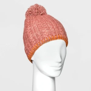 Women's Cable Beanie with Pom - Universal Thread Pink - Picture 1 of 1