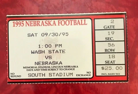 1995 NEBRASKA HUSKERS vs WASHINGTON STATE FOOTBALL TICKET STUB   9/30/1995 Cover