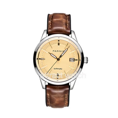 Reloj Parnis 39,5 mm para hombre automático esfera dorada cristal de zafiro correa de goma Foto 1 de 4