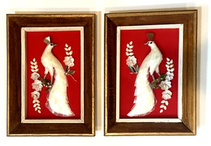 2 VTG MCM Seashell White Peacock Bird Red Velvet Wall Hanging Art Framed 15 x 11 - Picture 1 of 12