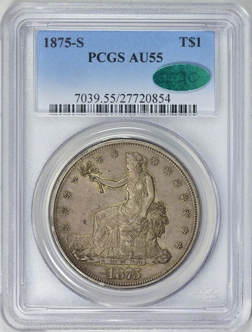 Scarce! ~ 1875-S ~ Trade Silver Dollar ~ AU 55 ~ PCGS & CAC Certified ~$1,388.88 Cover