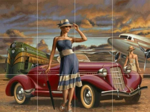 rich glamour girls vintage cars planes art deco ceramic tile mural backsplash - Picture 1 of 8