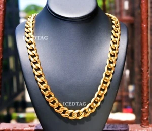 30" 15MM HEAVY STAINLESS STEEL GOLD PLATED MIAMI CUBAN STATEMENT CHAIN NECKLACE - Picture 1 of 7