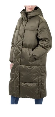 Abrigo de invierno Tommy Jeans largo satinado tampón para mujer talla L verde oliva PVP £230 Foto 1 de 4