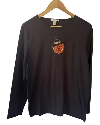Mercer Street Studio Womens Size XL Sequin Pumpkin In Witch Hat Shirt Top Black - Image 1 of 4