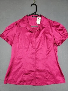 NWT~ $49~THE LIMITED Woman's Medium Satin Short Sleeve Button Up Hot Pink - Picture 1 of 4