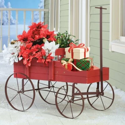 Red Sleigh Wagon distressed Wood holiday lawn decor gift display wheels stand - Image 1 of 4