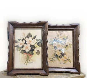 40s Floral Botanical Vintage Pair Art Prints Wood Carved Scalloped Frames Signed - Picture 1 of 6