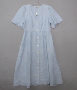 Madewell Dress Small Cassie Button-Front Midi Linen Blue Stripe Pockets Read - Picture 1 of 12