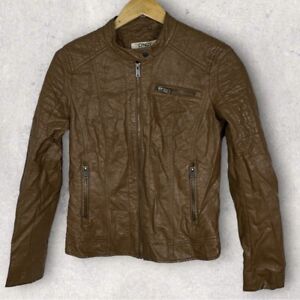 Simons Only Brown Faux Leather Moto Jacket Size 38 or Medium Zipper Pocket Biker