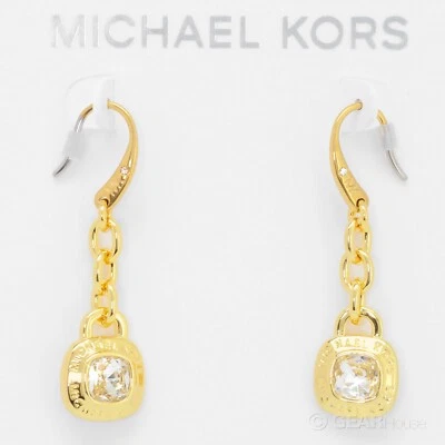 Michael Kors Womens MK Dangle Drop Earrings w/ Crystals, Gold Tone Brass - Image 1 of 4