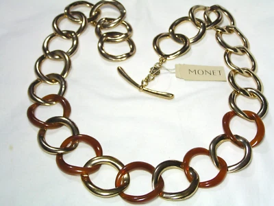 Monet Color Oro & Ambra Lucite Grande Maglie Catena Alternare Collana - Immagine 1 di 4