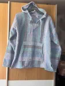 Mexican Baja Jerga Festival Surf Hoodie Top Blue Stripes size L 42” 12 14 16 - Picture 1 of 6