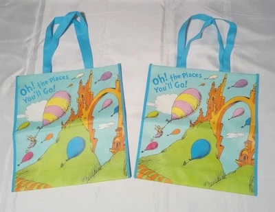 LOTE de 2 ~ Bolso de Mano Reutilizable Dr. Seuss Bolsa de Regalo de Compras ¡Oh! ¡Los lugares a los que irás!   Foto 1 de 4