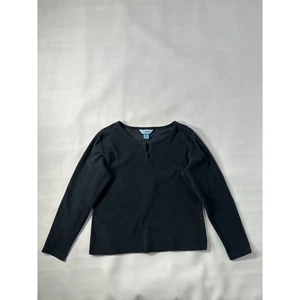 LL Bean Womens Black Long Sleeve Fleece Henley V Neck Top Size L Regular - Picture 1 of 9