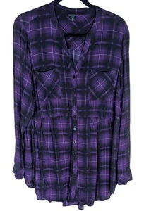TORRID Plaid Baby doll V-neck Buttons Long sleeve  Tunic Top Purple/Black Size 2 - Picture 1 of 6
